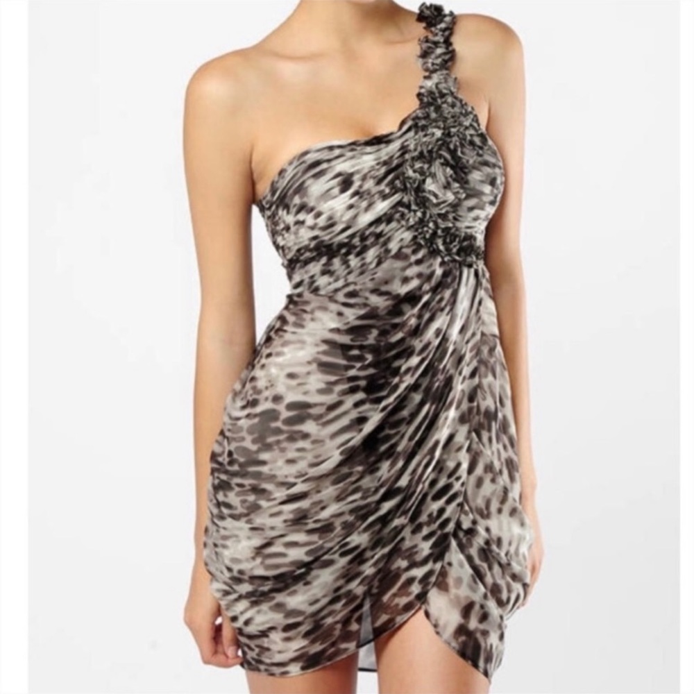 [NWOT] BCBGMAXAZRIA | animal print ruffle silk mini dress Size 4P